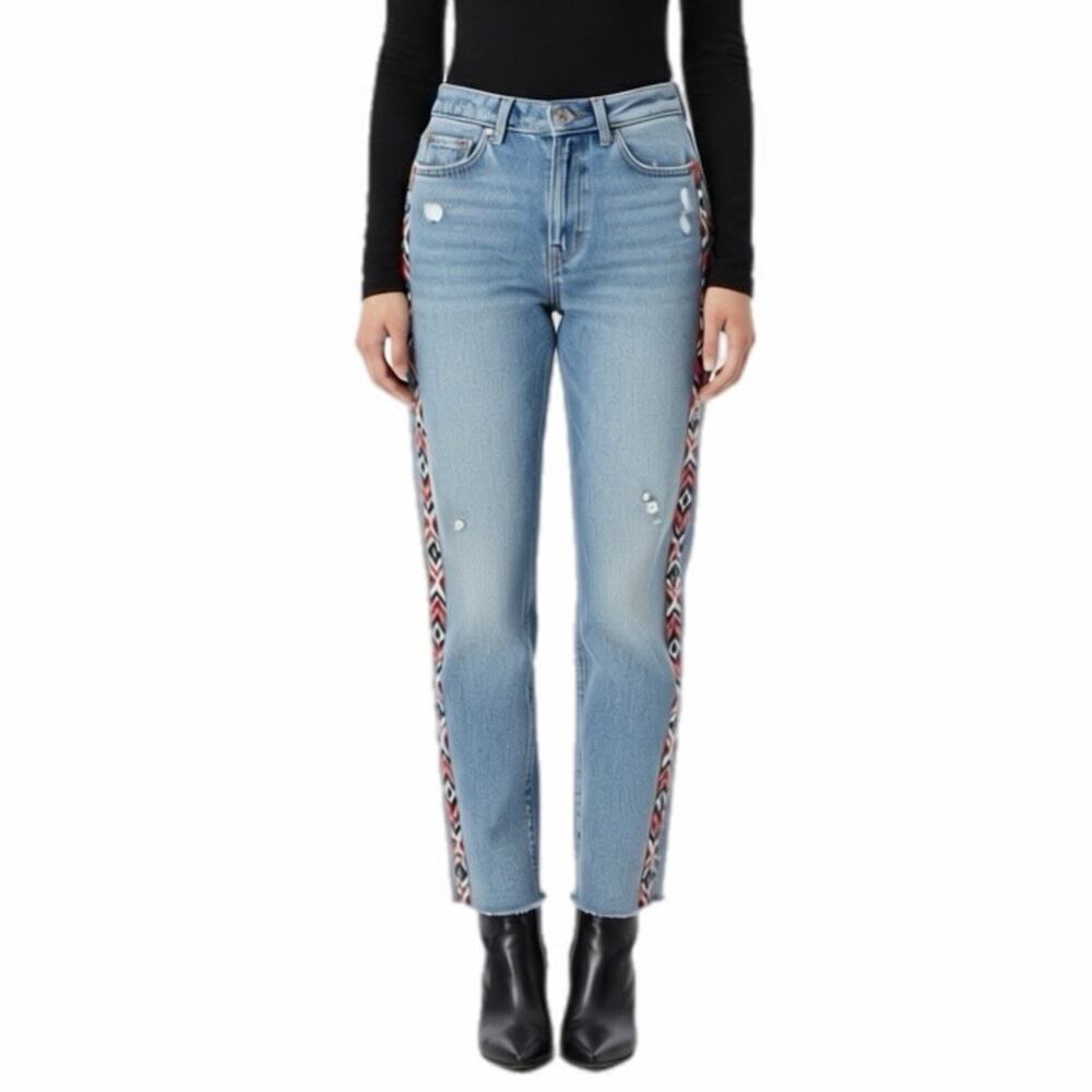 H&M Divided Women Slim Mom Jeans 4 Embroidered Distress High Rise Ankle Raw Hem